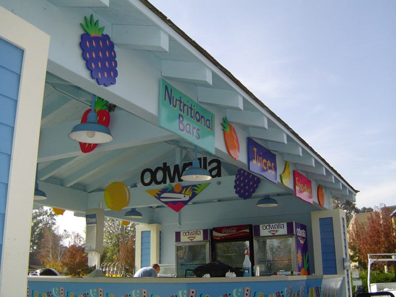 Theme Park custom sign design and installation for Odwalla in Pleasanton, CA